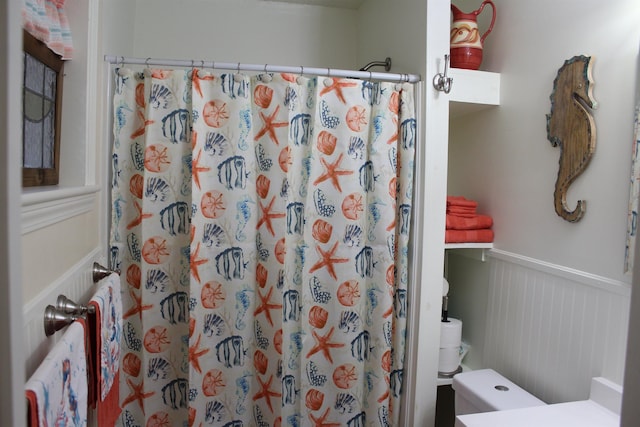 bathroom featuring curtained shower, vanity, and toilet