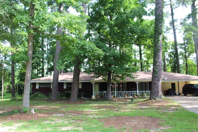 ranch-style house with covered porch and a carport