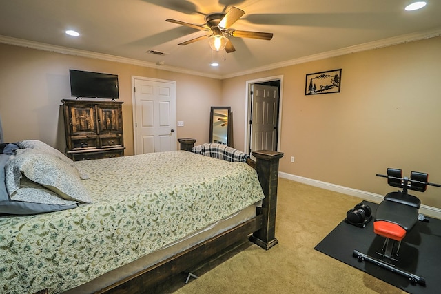 bedroom featuring recessed lighting, visible vents, ornamental molding, light carpet, and baseboards