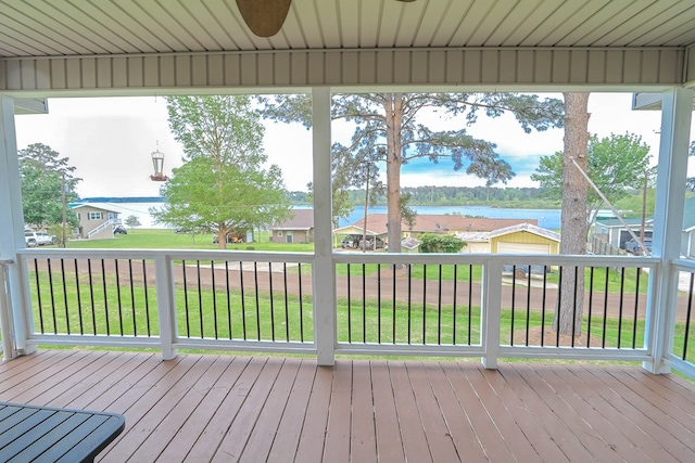deck featuring a lawn and a water view