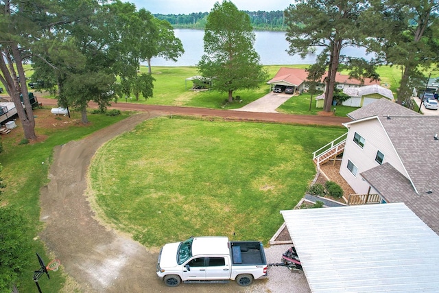 drone / aerial view with a water view