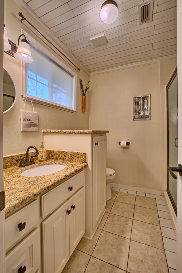 bathroom featuring vanity, a stall shower, tile patterned flooring, wood ceiling, and toilet