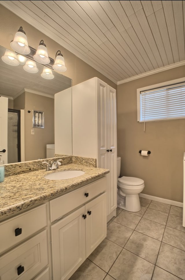 bathroom with tile patterned floors, toilet, ornamental molding, wood ceiling, and vanity