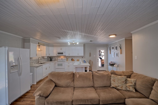 living room featuring dark wood finished floors, wooden ceiling, and ornamental molding