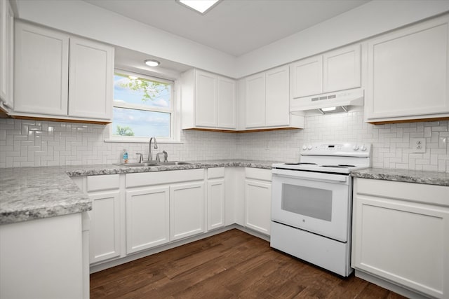 413 Linn St, Huntington, TX 75949 - kitchen featuring white range with electric cooktop, under cabinet range hood, a sink, white cabinetry, and tasteful backsplash