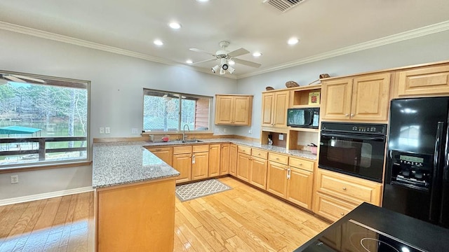 kitchen featuring crown molding, light stone countertops, sink, and black appliances