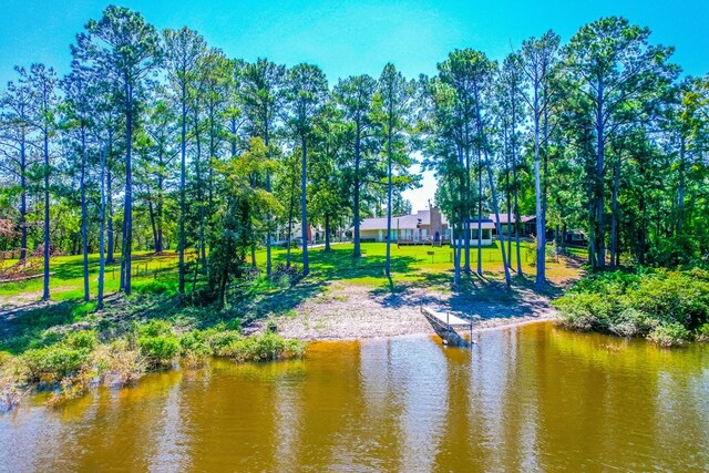 232 Cove Ln, Brookeland, TX 75931 - surrounding community featuring a water view, view of wooded area, and a lawn