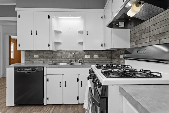 kitchen featuring white gas stove, white cabinetry, dishwasher, and exhaust hood