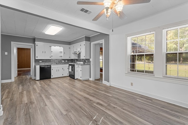 kitchen featuring dishwasher, white cabinets, crown molding, light hardwood / wood-style flooring, and range with gas stovetop