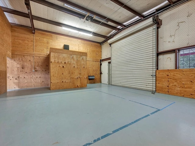 garage with wood walls