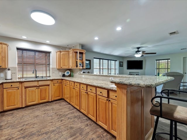 kitchen with kitchen peninsula, sink, and a healthy amount of sunlight