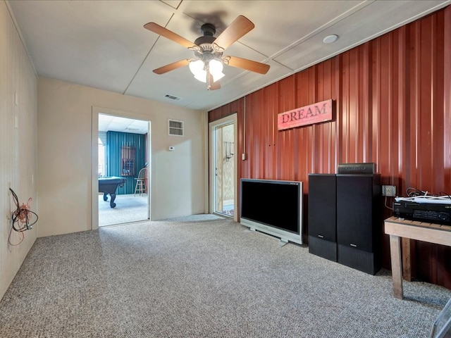 interior space featuring ceiling fan and billiards