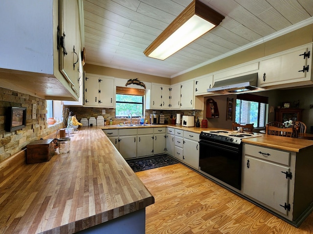 493 Hideaway Loop, Hemphill, TX 75948 - kitchen with exhaust hood, butcher block counters, electric stove, a peninsula, and wooden ceiling