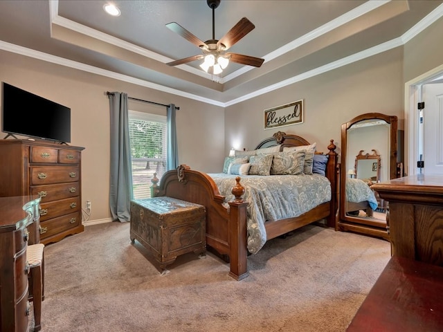 166 White Oak Ln, Lufkin, TX 75904 - bedroom with a raised ceiling, crown molding, carpet floors, and ceiling fan