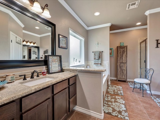 166 White Oak Ln, Lufkin, TX 75904 - bathroom featuring vanity, a stall shower, recessed lighting, tile patterned floors, and ornamental molding