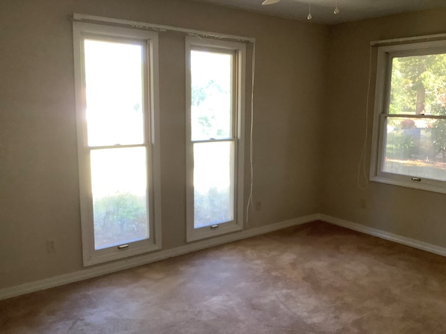 carpeted spare room with ceiling fan and a healthy amount of sunlight