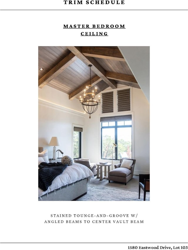 bedroom featuring an inviting chandelier, wood ceiling, beam ceiling, and high vaulted ceiling