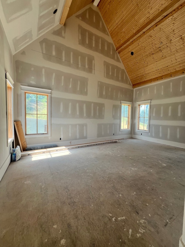 interior space featuring wood ceiling and high vaulted ceiling