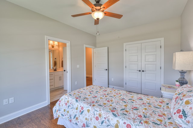 bedroom featuring a closet, ceiling fan, hardwood / wood-style flooring, and ensuite bathroom