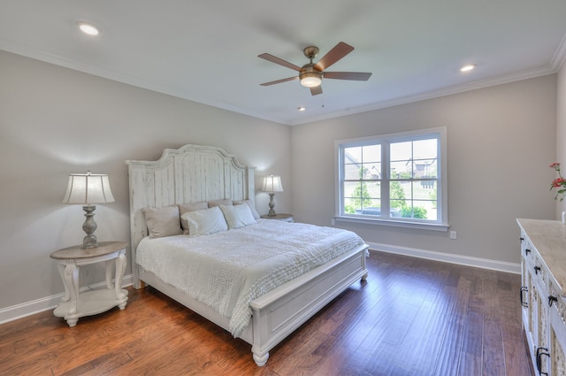 bedroom featuring ceiling fan, dark wood-type flooring, and crown molding