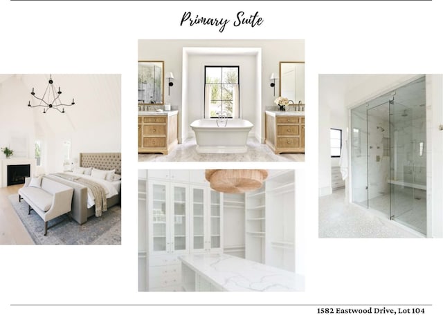 bathroom featuring vanity, an inviting chandelier, and walk in shower