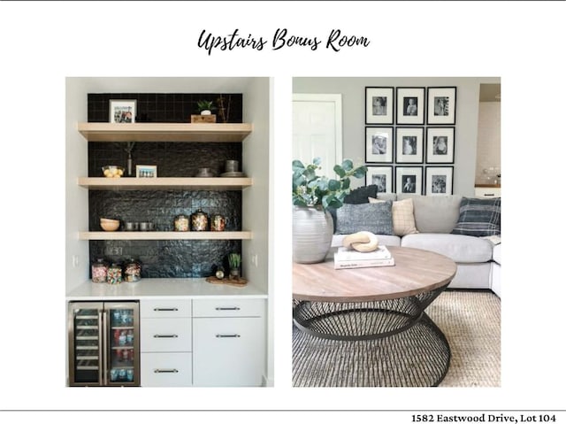 bar with white cabinetry and wine cooler