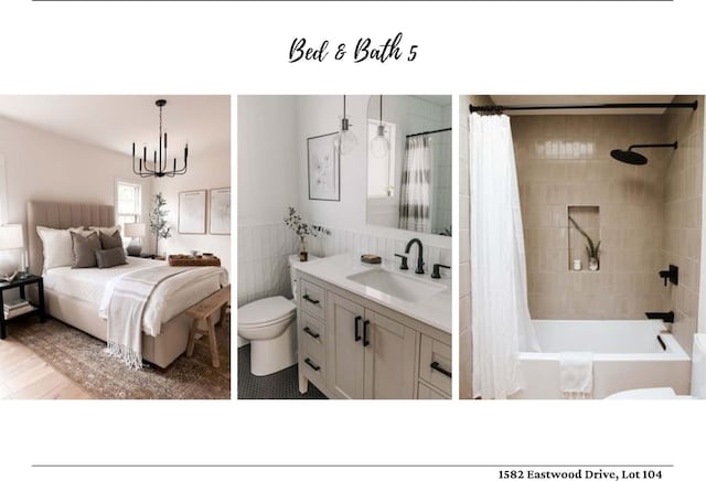 interior space featuring a notable chandelier, hardwood / wood-style floors, toilet, vanity, and shower / tub combo