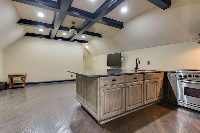 kitchen featuring dark hardwood / wood-style floors, ceiling fan, sink, dark stone countertops, and high end stainless steel range oven