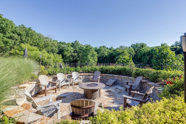 view of patio / terrace featuring a fire pit