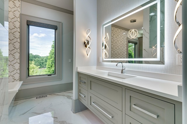 bathroom featuring ornamental molding, large vanity, and tile floors