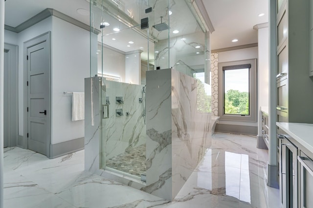 bathroom with tile flooring, ornamental molding, an enclosed shower, and vanity