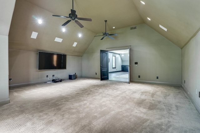 additional living space featuring lofted ceiling, light carpet, and ceiling fan