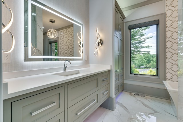 bathroom featuring tile flooring, ornamental molding, and vanity