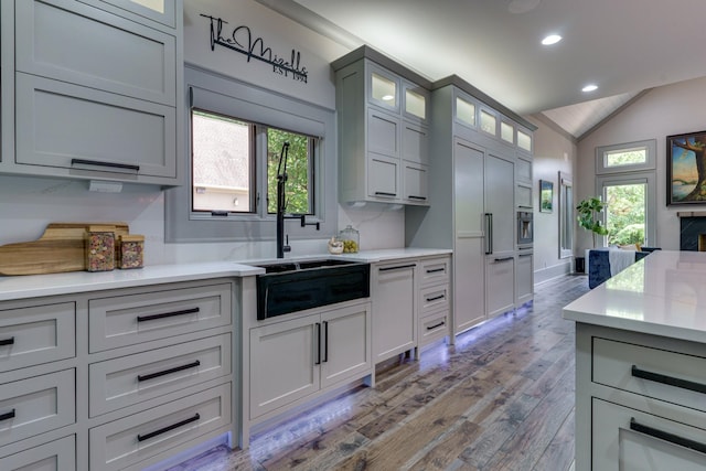 kitchen with backsplash, stainless steel oven, vaulted ceiling, gray cabinets, and hardwood / wood-style flooring