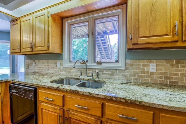 kitchen featuring a wealth of natural light, decorative backsplash, dishwasher, and sink