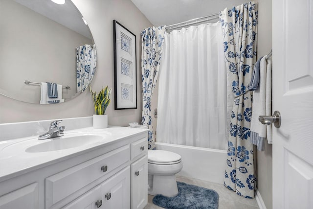 full bathroom with shower / tub combo, oversized vanity, toilet, and tile floors