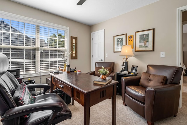 carpeted office space featuring ceiling fan