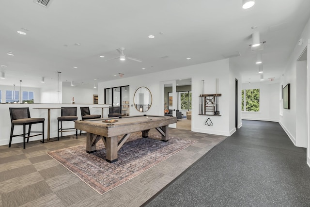 recreation room with billiards, recessed lighting, ceiling fan, and baseboards