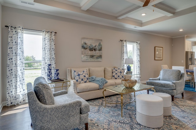 living room featuring dark hardwood / wood-style floors, crown molding, coffered ceiling, and beamed ceiling