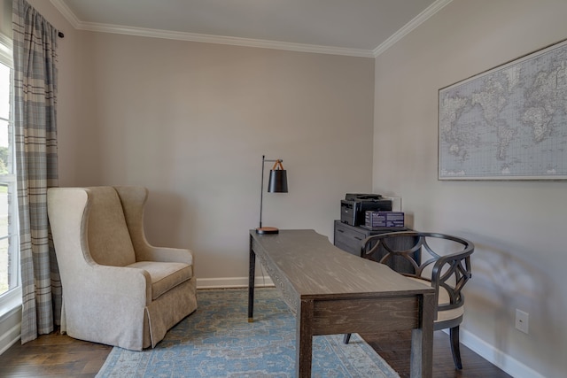 office area featuring dark wood-type flooring and ornamental molding