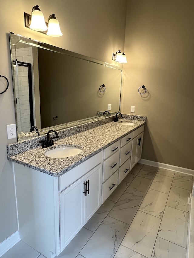 bathroom with tile flooring and dual bowl vanity