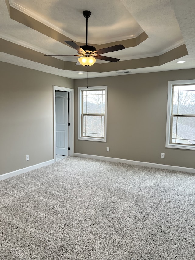 unfurnished room with carpet flooring, ceiling fan, a raised ceiling, and a healthy amount of sunlight