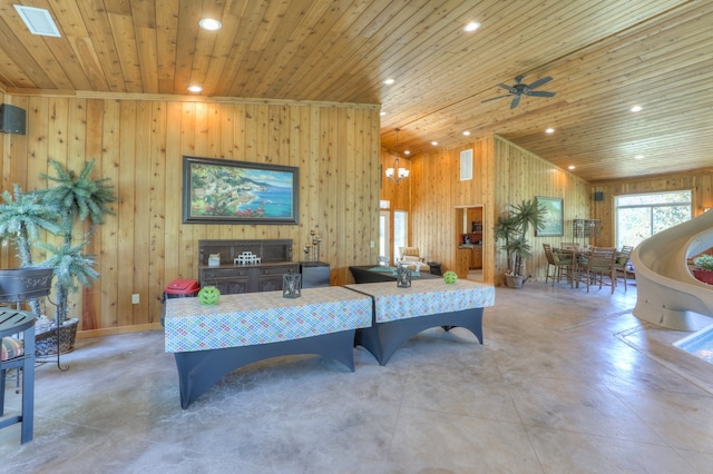 living room featuring wooden ceiling, ceiling fan, and wood walls