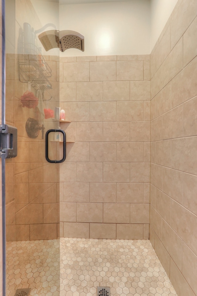 bathroom featuring a shower with shower door