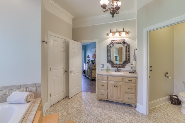 bathroom with crown molding, tiled bath, wood-type flooring, a notable chandelier, and vanity