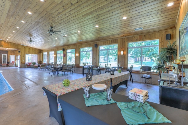 dining space featuring wooden ceiling, ceiling fan, wood walls, and vaulted ceiling