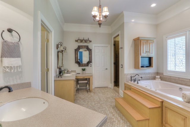 bathroom featuring vanity, a notable chandelier, tile floors, a bath to relax in, and ornamental molding