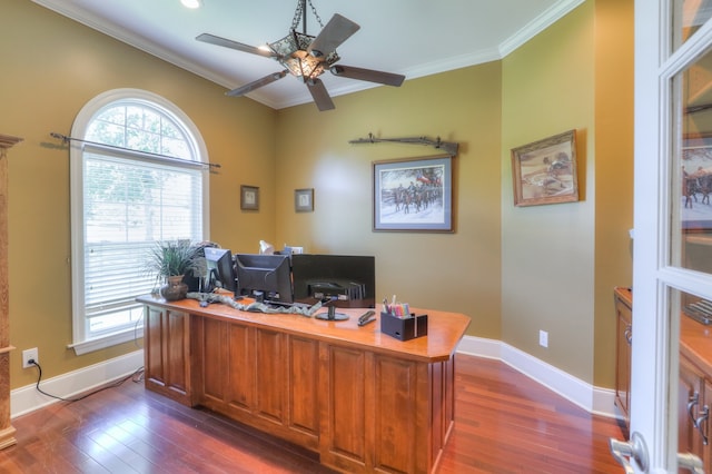 office space featuring crown molding, ceiling fan, and dark wood-type flooring