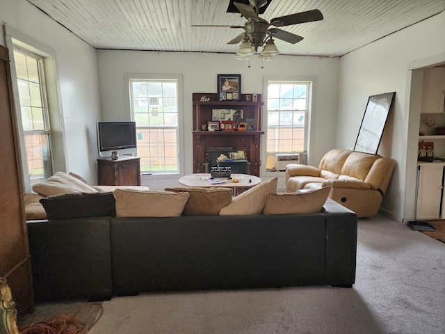 living room featuring carpet, ceiling fan, and a healthy amount of sunlight