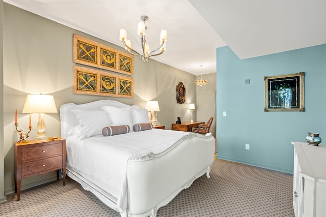 carpeted bedroom with a notable chandelier